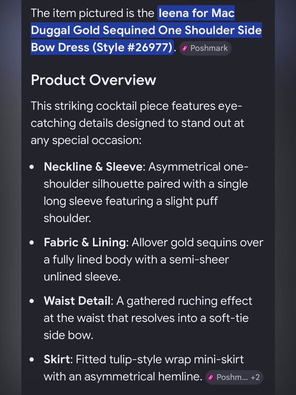 IEENA For MAC Duggal NWT Gold Sequined One Shoulder SideBow Dress Size 2 #26977 - Picture 11 of 13